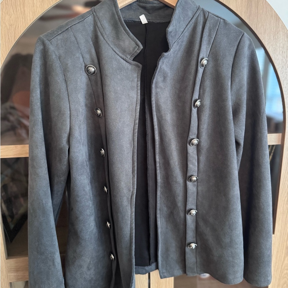 Gray Faux Suede Military Button Jacket Women’s Medium Academia Blazer - Picture 6 of 10